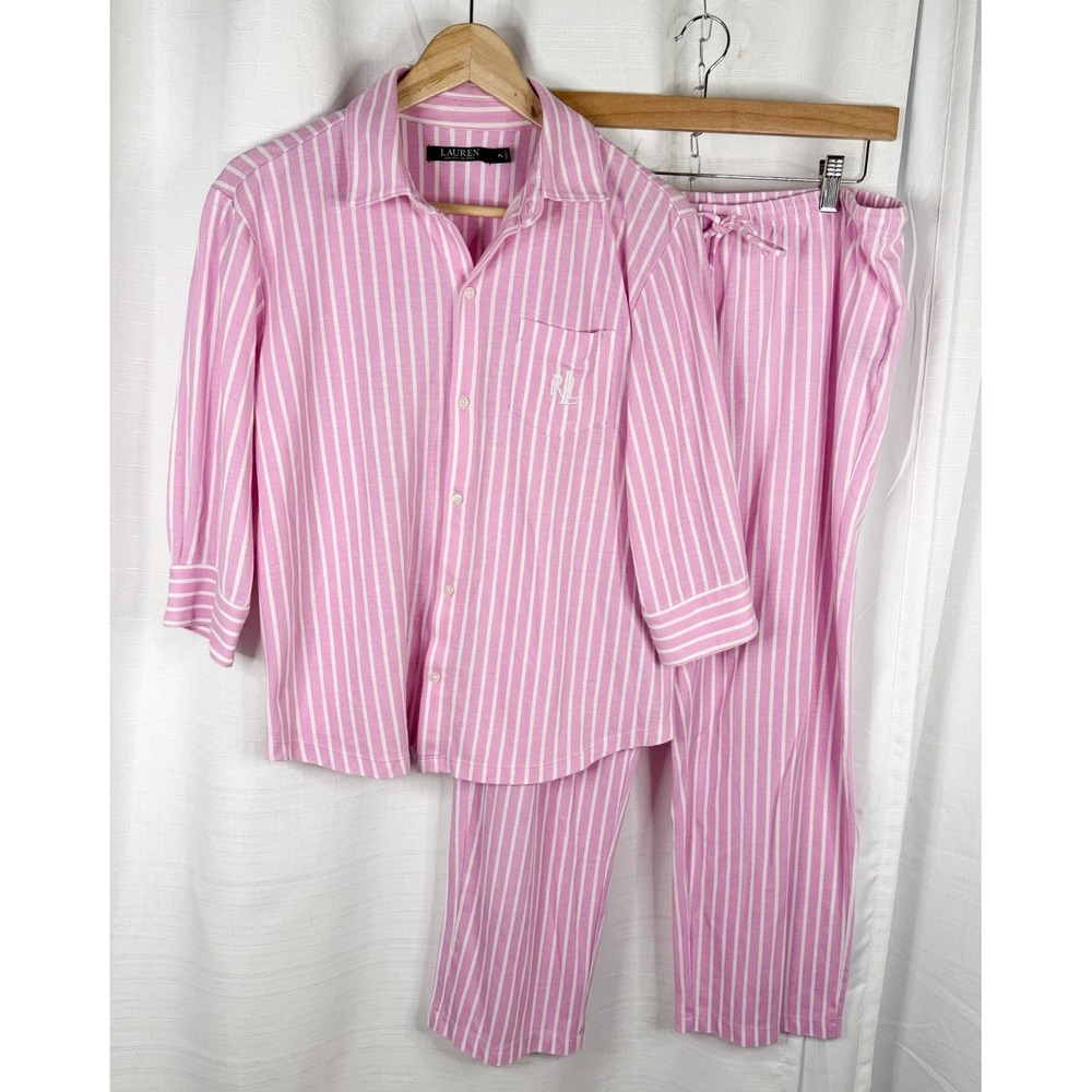 Lauren Ralph Lauren Pajama Set Women's PL Pink Stripe Button Shirt Pants Lounge